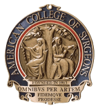 Emblem of the American College of Surgeons featuring two classical figures, one holding a staff, surrounded by the organization's name and motto in gold and red, often recognized by the best Beverly Hills plastic