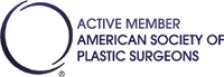 Logo of the best Beverly Hills plastic surgeon featuring a dark blue circle and text "active member american society of plastic surgeons" in a combination of dark blue and pink colors.
